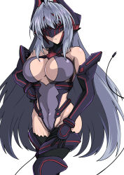 1girl absurdres android aoi_tabane bare_shoulders blue_hair breasts cable cable_tail cleavage commission covered_navel elbow_gloves gloves grey_hair hand_on_own_hip headgear highres kos-mos kouyoku_senki_exs-tia large_breasts leotard long_hair mechanical_tail pixiv_commission simple_background solo tail thighhighs variant_set very_long_hair white_background xenosaga