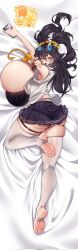 Rule 34 | 1girl, ass, black bra, black hair, blush, bra, breasts, cellphone, dakimakura medium, feet, gigantic breasts, haitai umita, highres, long hair, looking at viewer, lying, original, phone, skindentation, skirt, smartphone, solo, thighhighs, toeless legwear, toes, underwear, white thighhighs