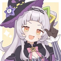 Rule 34 | 1girl, :d, absurdres, black hat, blunt bangs, blush, border, bow, bowtie, commentary, fang, frilled hat, frills, grey hair, hand up, hat, hat ornament, highres, hololive, index finger raised, jacket, long hair, long sleeves, looking at viewer, meroharome, murasaki shion, murasaki shion (1st costume), open mouth, orange eyes, outside border, pink bow, pink bowtie, portrait, purple jacket, smile, solo, star (symbol), star hat ornament, thick eyebrows, virtual youtuber, white border, yellow background