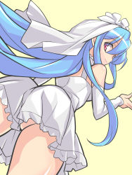 1girl ass ass_focus bad_id bad_pixiv_id blue_hair bride dress eeeeee female_focus highres long_hair looking_back pink_eyes smile solo wedding_dress