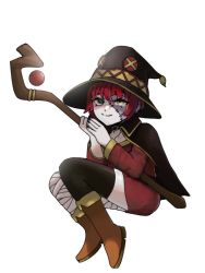 Rule 34 | 1girl, aged down, bandaged leg, bandages, black cape, black thighhighs, cape, cosplay, green eyes, hat, highres, holding, holding staff, hololive, hololive indonesia, kureiji ollie, megumin, megumin (cosplay), red hair, red hat, red shirt, shirt, short hair, single thighhigh, sitting, smile, solo, staff, thighhighs, tino (nekkotino), virtual youtuber, white background, witch hat