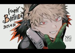 1boy arm_up bakugou_katsuki black_mask blonde_hair boku_no_hero_academia commentary dated facial_scar finger_to_face gloves grin hair_between_eyes happy_birthday hashtag-only_commentary highres letterboxed looking_to_the_side male_focus mask mask_lift multicolored_gloves neminemisho red_eyes scar scar_on_cheek scar_on_face short_hair sideways_glance smile solo superhero_costume teeth uneven_eyes upper_body