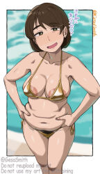 1girl areola_slip artist_name belly bikini blush breasts brown_eyes brown_hair commentary_request female_pubic_hair geso_smith gold_bikini grabbing_own_stomach large_areolae large_breasts looking_at_viewer mature_female mole mole_on_armpit mole_on_neck mole_on_stomach nervous_smile open_mouth original plump pubic_hair pubic_hair_peek smile solo sweatdrop swimsuit translation_request watermark