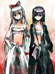 Rule 34 | 2girls, abaraya, banchou, black hair, blunt bangs, bow, coat, delinquent, female focus, fujiwara no mokou, gakuran, hand in pocket, highres, hime cut, houraisan kaguya, long hair, midriff, mizutsuki, multiple girls, navel, open clothes, open shirt, sarashi, school uniform, shirt, silver hair, tokkoufuku, touhou, very long hair