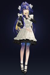 1girl 3d :o apron black_background black_dress black_hairband black_shoes blonde_hair blue_eyes blue_hair blush colored_inner_hair dress finger_to_mouth frilled_apron frills full_body gradient_skin hair_intakes hair_ornament hairband hand_up highres index_finger_raised juliet_sleeves long_hair long_sleeves looking_at_viewer multicolored_hair puffy_sleeves reverse:1999 sacha_(un_782) school_uniform shoes short_dress shushing socks solo soviet_school_uniform standing star_(symbol) star_hair_ornament starry_skin very_long_hair voyager_(reverse:1999) white_apron white_socks