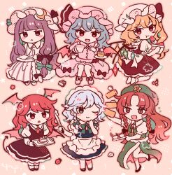 6+girls :&lt; :d :o ;) apron bamboo_steamer bat_wings beret black_skirt black_vest blonde_hair blue_eyes blue_hair blue_skirt blue_vest blunt_bangs book book_on_lap bow bowtie braid cake cake_slice cherry chibi chibi_only closed_mouth collared_shirt commentary crescent crescent_hat_ornament cup demon_tail dress eating flandre_scarlet food fork fruit full_body green_bow green_hat green_skirt green_vest grey_hair hair_between_eyes hair_bow hat hat_ornament hat_ribbon head_wings holding holding_cup holding_food holding_fork holding_fruit holding_knife holding_plate holding_tray hong_meiling izayoi_sakuya kneeling knife koakuma long_hair looking_at_viewer looking_back maid_headdress medium_hair mob_cap mozukuzu_(manukedori) multiple_girls neck_ribbon necktie one_eye_closed open_book open_mouth parted_bangs patchouli_knowledge pink_dress pink_hat pink_skirt plate puffy_short_sleeves puffy_sleeves purple_hair red_bow red_eyes red_hair red_necktie red_skirt red_vest remilia_scarlet ribbon shirt short_hair short_sleeves side_braids side_slit sitting skirt smile socks standing star_(symbol) star_hat_ornament strawberry symbol-only_commentary tail teacup touhou tray very_long_hair vest waist_apron white_apron white_hat white_shirt white_socks wings