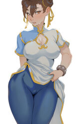 1girl blue_nails bracelet breasts brown_eyes brown_hair cameltoe capcom cheshirrr chun-li cleavage covered_erect_nipples cowboy_shot earrings heart heart-shaped_pupils highres jewelry looking_at_viewer nail_polish open_mouth pearl_earrings short_sleeves simple_background solo street_fighter sweatdrop symbol-shaped_pupils white_background