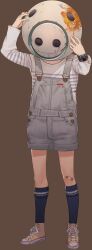 1boy absurdres bandaid bandaid_on_knee bandaid_on_leg blue_socks brown_shoes buttons child crack full_body grey_overalls hands_on_headwear helmet highres kneehighs kyokugen_dasshutsu long_sleeves male_focus official_art overalls q_(kyokugen_dasshutsu) rust shirt shoelaces shoes socks solo standing striped_clothes striped_shirt third-party_source tomono_rui transparent_background watch wristwatch zero_escape:_toki_no_dilemma