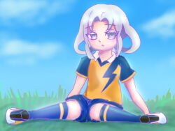 1girl akasode_matsuri_(inazuma_eleven) blue_shirt blue_shorts blue_socks collar flat_chest grey_eyes grey_hair hakkou_soft inazuma_eleven_(series) inazuma_eleven_victory_road large_variant_set medium_hair parted_lips raimon raimon_soccer_uniform shirt short_sleeves shorts sidelocks sitting soccer_uniform socks solo sportswear two-tone_shirt variant_set white_collar yellow_shirt