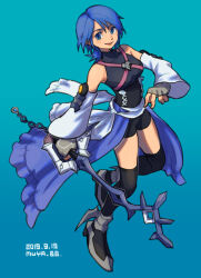 1girl aqua_(kingdom_hearts) artist_name bike_shorts black_corset black_shirt black_socks black_thighhighs blue_background blue_eyes blue_hair corset dated detached_sleeves fingerless_gloves full_body gloves grey_gloves hand_up high_heels holding holding_weapon keyblade kingdom_hearts kingdom_hearts_birth_by_sleep looking_to_the_side medium_hair shirt shoulder_strap skyloop19 sleeveless sleeveless_shirt smile socks solo thighhighs turtleneck turtleneck_shirt waist_cape weapon wide_sleeves