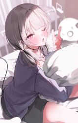 1girl absurdres asumi_sena asumi_sena_(5th_costume) black_choker black_shorts cardigan cattleya_regina_games choker dow_suitable from_above highres hugging_object low_twintails multicolored_hair multiple_necklaces on_bed one_eye_closed open_mouth pillow pillow_hug pink_eyes purple_cardigan shorts sitting socks solo streaked_hair tail twintails virtual_youtuber vspo! wariza white_hair white_socks