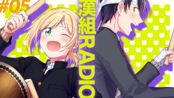 Rule 34 | 2boys, ;d, androgynous, bandaged hand, bandages, black jacket, blonde hair, blush, border, buttons, collared shirt, commentary request, drop shadow, drum, drumsticks, fuji fujino, gakuran, green background, green eyes, hand up, headband, highres, holding, holding drumsticks, instrument, jacket, kenmochi touya, kenmochi touya (1st costume), looking at viewer, low ponytail, male focus, medium hair, multiple boys, necktie, nijisanji, official alternate costume, one eye closed, open mouth, outside border, parted bangs, plaid clothes, plaid necktie, ponytail, purple hair, red necktie, school uniform, shirt, short hair, sideways glance, smile, suzuya aki, suzuya aki (3rd costume), taiko drum, teeth, translation request, upper body, upper teeth only, virtual youtuber, white border, white headband, white shirt