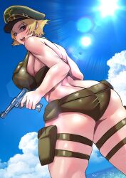 Rule 34 | 1girl, ass, bare back, bikini, blonde hair, blue sky, bougainvillea (unnryuu), breasts, brown eyes, butt crack, cloud, cloudy sky, commentary, curvy, day, dutch angle, erwin (girls und panzer), from behind, girls und panzer, goggles, goggles on headwear, green bikini, green hat, gun, halterneck, handgun, hat, highres, holding, holding gun, holding weapon, large breasts, lens flare, looking back, military hat, ocean, open mouth, outdoors, peaked cap, pointy hair, rainbow, revision, shiny skin, short hair, sideboob, skindentation, sky, smile, solo, standing, swimsuit, teeth, thick thighs, thigh strap, thighs, trigger discipline, upper teeth only, walther, walther p38, weapon, wide hips