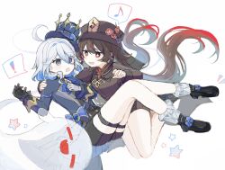 ! 2girls black_footwear black_gloves black_shorts blue_eyes blue_hair blue_jacket boo_tao_(genshin_impact) brown_coat coat commentary_request cowl flower flower-shaped_pupils full_body furina_(genshin_impact) genshin_impact gloves grey_hair hand_up hat hat_flower heterochromia highres hu_tao_(genshin_impact) jacket legs loafers long_hair long_sleeves looking_at_viewer multiple_girls musical_note nekomiya_mint open_mouth porkpie_hat red_eyes shoes shorts simple_background sketch spoken_exclamation_mark spoken_musical_note star_(symbol) symbol-shaped_pupils thigh_strap thighs top_hat white_background white_gloves