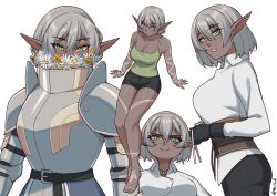 1girl absurdres arm_tattoo armor bare_shoulders barefoot belt black_belt black_gloves black_pants black_shorts bodice breasts cleavage closed_mouth collarbone dark-skinned_female dark_elf dark_skin elf flower gloves green_shirt grey_hair hair_between_eyes highres jewelry knight leg_tattoo long_sleeves looking_at_viewer mawaridi medium_breasts necklace original pants pauldrons pointy_ears shirt short_hair shorts shoulder_armor simple_background sleeveless sleeveless_shirt smile tattoo toes twitter_username white_background white_flower white_shirt yellow_flower yvonne_(mawaridi)