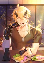 1boy :d ^_^ ahoge artist_name black_gloves black_shirt blonde_hair blush choko_(cup) closed_eyes collarbone commentary crossed_bangs cup dango dog_tags earrings elbow_rest english_commentary fake_horns fangs fingerless_gloves folding_screen food genshin_impact gloves hair_between_eyes hair_over_shoulder hand_up happy headband highres holding holding_cup horned_headwear horns indoors jewelry leaf long_hair male_focus muoi necklace open_mouth petals plate sanshoku_dango shirt short_sleeves shrimp shrimp_tempura sitting smile solo sparkle stud_earrings t-shirt table teeth tempura thoma_(genshin_impact) tokkuri twitter_username upper_body wagashi