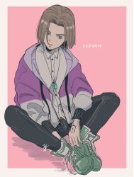 1boy 29000 alternate_costume black_pants blue_eyes border brown_hair closed_mouth commentary_request dragon_quest dragon_quest_xi gem green_gemstone green_shoes hand_tattoo hero_(dq11) highres jacket jewelry knees_apart_feet_together looking_to_the_side male_focus medium_hair multicolored_jacket necklace pants parted_hair pink_background purple_jacket shirt shoes sitting sneakers solo tattoo white_border white_jacket white_shirt