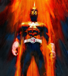 1boy absurdres belt bodysuit closed_mouth colorful_background fake_shark_fin highres male_focus marvel muscular muscular_male red_background red_bodysuit red_guardian_(marvel) shirt solo standing star_(symbol) striped_bodysuit superhero_costume tall_male viktor_farro white_belt