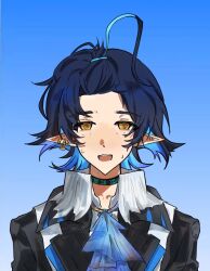 Rule 34 | 1boy, @ @, arknights, ascot, bangs pinned back, black hair, blue ascot, blue background, blue hair, chinese commentary, colored inner hair, commentary request, earrings, embarrassed, gradient background, highres, infection monitor (arknights), jewelry, looking at viewer, lumen (arknights), male focus, multicolored hair, mushiqing, open mouth, pointy ears, portrait, short hair, solo, yellow eyes