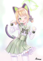 Rule 34 | 1girl, ;d, absurdres, alternate costume, animal ear headphones, animal ears, artist name, black tail, blonde hair, blue archive, blunt bangs, blush, bow, bowtie, buttons, cat ear headphones, cat ears, cat tail, center frills, clenched hands, commentary request, cowboy shot, cross-laced clothes, cross-laced skirt, fake animal ears, fake tail, frilled sailor collar, frilled shirt, frilled shirt collar, frilled skirt, frilled sleeves, frills, green bow, green bowtie, green eyes, green halo, green sailor collar, green skirt, hair bow, halo, hands up, headphones, high-waist skirt, highres, jirai kei, long sleeves, looking at viewer, midori (blue archive), one eye closed, open mouth, parted bangs, paw pose, pleated skirt, sailor collar, sailor shirt, shiraragi, shirt, short hair, sidelocks, signature, skirt, sleeves past wrists, smile, solo, sparkle, suspender skirt, suspenders, tail, tail bow, tail ornament, tail raised, thighhighs, twintails, watermark, watermark grid, white shirt, white thighhighs