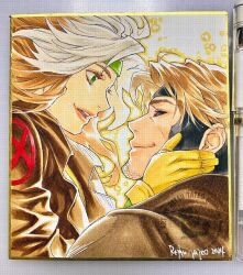 1boy 1girl art_tools_in_frame black_sclera blonde_hair brown_coat brown_hair closed_mouth coat colored_sclera couple facial_hair gambit gloves green_eyes green_headband hand_on_another&#039;s_face headband looking_at_another marvel mature_female mature_male multicolored_hair open_mouth red_eyes red_lips rogue_(x-men) shirt signature smile split-color_hair superhero_costume tateo_retsu two-tone_hair white_hair x-men yellow_gloves yellow_shirt