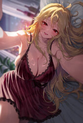 1girl absurdres ahoge angelica_rapha_redgrave armpits blonde_hair blurry blurry_background blush bottle breasts cityscape cleavage collarbone commission cup curtains depth_of_field drinking_glass female_focus foreshortening highres indoors lace_trim large_breasts long_hair lying messy_hair midnamana night nightgown on_bed on_side open_mouth otome_game_sekai_wa_mob_ni_kibishii_sekai_desu outstretched_arms panties pixiv_commission pov red_eyes red_nightgown see-through_clothes shiny_skin smile solo thick_thighs thighs underwear very_long_hair window wine_bottle wine_glass