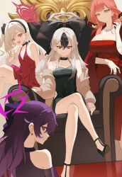4girls aru_(blue_archive) aru_(dress)_(blue_archive) bare_shoulders black_choker black_dress black_hairband black_shoes blue_archive bow bracelet breasts brown_cardigan cardigan choker cleavage closed_mouth crossed_legs demon_girl demon_horns dress earrings elbow_gloves fang from_behind fur_shawl gloves gold_bracelet hair_between_eyes hair_bow hairband haruka_(blue_archive) haruka_(dress)_(blue_archive) high_heels highres horns jacket jacket_on_shoulders jewelry kayoko_(blue_archive) kayoko_(dress)_(blue_archive) large_breasts long_hair multiple_bracelets multiple_girls mutsuki_(blue_archive) mutsuki_(dress)_(blue_archive) necklace official_alternate_costume official_alternate_hairstyle on_chair one_side_up open_mouth pink_eyes playing_with_own_hair pointy_ears purple_bow purple_dress purple_eyes purple_hair red_dress red_eyes red_jacket shadow117 shawl shoes sidelocks sitting skin_fang smile white_gloves yellow_eyes