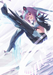 1girl alice_gear_aegis black_jacket breasts gloves headgear hirasaka_yotsuyu jacket long_hair looking_at_viewer mecha_musume mechanical_legs midriff navel open_clothes open_jacket open_mouth pink_hair purple_eyes purple_hair smile solo tooto_(ryuto333)