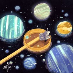 1other afloat artist_name astronaut backpack bag commentary fish helmet highres hishaku kazunoko_(kazunoko_zunoco) mizu_hishaku moon original other_focus radio_antenna ripples signature solo space space_helmet spacesuit standing star_(sky) star_(symbol) temizu water