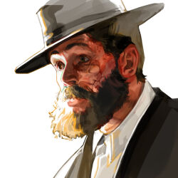 Rule 34 | 1boy, alfie solomons, backlighting, beard, black hair, brown eyes, burn scar, coat, collared shirt, facial hair, fedora, from side, grey coat, grey hat, hat, hieumay, highres, looking to the side, male focus, mustache, nose, overexposure, peaky blinders, portrait, realistic, scar, scar on face, shirt, short hair, sideburns, simple background, solo, thick beard, thick mustache, white background, white shirt