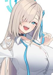 1girl :d absurdres asuna_(blue_archive) asuna_(school_uniform)_(blue_archive) black_choker blue_archive blue_eyes blue_nails blue_ribbon blush breasts brown_hair choker collared_shirt hair_over_one_eye hair_ribbon highres large_breasts long_hair looking_at_viewer nakano_kura open_mouth ribbon shirt simple_background smile solo teeth upper_body upper_teeth_only white_background white_shirt