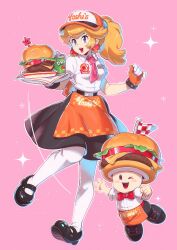 Rule 34 | 1girl, apron, baseball cap, belt, black skirt, blonde hair, blue eyes, bow, bowtie, breasts, burger, burger hat, can, drink can, earrings, food, gloves, hat, highres, holding, holding tray, jewelry, long hair, looking at viewer, mario (series), mario kart, mario kart world, necktie, nintendo, one eye closed, open mouth, pantyhose, pink necktie, ponytail, princess peach, red bow, red bowtie, saiwo (saiwoproject), shirt, shoes, short sleeves, simple background, skirt, smile, soda can, teeth, toad (mario), tray, upper teeth only, waitress, white pantyhose, white shirt