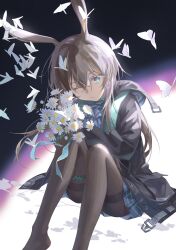 1girl absurdres amiya_(arknights) animal_ears aqua_eyes arknights ascot black_ascot black_coat black_pantyhose blue_skirt bouquet brown_hair brown_pantyhose bug butterfly closed_mouth coat commentary feet_out_of_frame flower gradient_background highres holding holding_bouquet hood hood_down hooded_coat insect jewelry knees_up long_hair long_sleeves looking_at_viewer miniskirt one_eye_closed open_clothes open_coat pantyhose pine50 rabbit_ears sitting skirt solo thighband_pantyhose thighlet white_flower