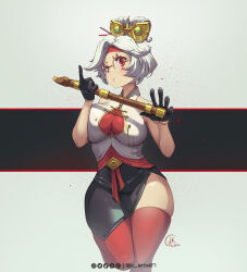 1girl artist_name artstation_logo bare_shoulders black_background black_gloves black_skirt breasts commentary cowboy_shot flute glasses gloves goggles goggles_on_head hair_ornament hair_stick headband highres holding holding_instrument instagram_logo instrument jk_arts large_breasts nintendo parted_lips purah recorder red-framed_eyewear red_eyes red_headband red_thighhighs round_eyewear sheikah shirt signature skirt sleeveless sleeveless_shirt solo the_legend_of_zelda the_legend_of_zelda:_tears_of_the_kingdom thighhighs tiktok_logo twitch_logo twitter_logo twitter_username two-tone_background white_background white_hair