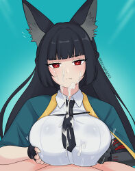 Rule 34 | 1girl, animal ear fluff, animal ears, aqua jacket, arm out of sleeve, black hair, black necktie, blunt bangs, blush, breasts, breasts squeezed together, bulge, bulge press, clothed female nude male, covered penis, cum, cum in clothes, cum on body, cum on breasts, cum on clothes, cum on hair, cum on upper body, cum string, cum through clothes, cumdrip, ejaculation, ejaculation under clothes, erection, erection under clothes, eromagicka, facial, fingerless gloves, fox ears, fox girl, gauntlets, gloves, green jacket, highres, hoshimi miyabi, jacket, large breasts, long hair, looking at viewer, necktie, nude, paizuri, paizuri under clothes, penis to breast, penis under another&#039;s clothes, pov, pov crotch, projectile cum, red eyes, shirt, single fingerless glove, single gauntlet, straddling paizuri, white shirt, zenless zone zero