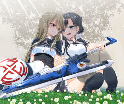 2girls aqua_eyes arm_at_side assault_lily black_capelet black_footwear black_hair black_ribbon black_skirt blunt_bangs breasts capelet collared_shirt commentary day eye_contact flower flower_knot frilled_skirt frills grass grey_legwear hair_between_eyes hair_ornament hair_scrunchie hand_up heads_together high-waist_skirt holding holding_hands holding_weapon interlocked_fingers knees_up kuo_shenlin light_brown_hair light_particles loafers long_hair looking_at_another looking_to_the_side medium_breasts miniskirt multiple_girls neck_ribbon on_grass on_ground open_mouth outdoors outstretched_arm pink_eyes ribbon school_uniform scrunchie shield shirt shoe_soles shoes short_sleeves side-by-side sidelocks sitting skirt smile sunlight takano_saku thighhighs tree_shade wang_yujia weapon white_flower white_legwear white_scrunchie white_shirt yellow_eyes yuri yurigaoka_girls_academy_school_uniform