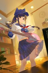 1girl animal_ears animal_hat axe backlighting bad_source black_eyes blue_skirt blush book bookshelf bow bowtie cat_ears cat_hat clock clothes_lift cool_mita_(miside) floating_hair gloves guitar hat head_tilt highres indoors instrument long_hair miside mita_(miside) music navel official_art photo_(object) plant playing_guitar playing_instrument pleated_skirt purple_hair red_bow red_bowtie shadow shirt skirt skirt_lift smile solo standing teardrop_facial_mark wall_clock white_shirt