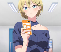 Rule 34 | 1girl, anime screenshot, aqua eyes, blonde hair, blue shirt, closed mouth, collarbone, ear piercing, evergreen eri, female focus, hair ornament, hairclip, haite kudasai takamine-san, highres, holding, holding phone, indoors, phone, piercing, portrait, shirt, short hair, short sleeves, single bare shoulder, solo, stitched, third-party edit