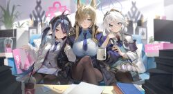 3girls absurdres ahoge animal_ears antenna_hair arm_hug asymmetrical_bangs black_pantyhose blonde_hair blue_archive blue_hair blue_necktie blue_shirt blurry blurry_background blush book book_stack breasts couch crossed_legs cup dark_blue_hair disposable_cup fox_ears fubuki_(blue_archive) grey_hair hair_over_one_eye halo hand_in_pocket highres holding holding_cup indoors kanna_(blue_archive) kirino_(blue_archive) large_breasts long_bangs looking_at_viewer monitor mug multiple_girls necktie on_couch one_eye_covered pantyhose ramuri shirt sitting smile