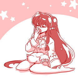 1girl barefoot bird closed_eyes double_bun duck glasses hair_bun kneeling long_hair mousse_(duck)_(ranma_1/2) open_mouth ranma_1/2 sleeping wanta_(futoshi)