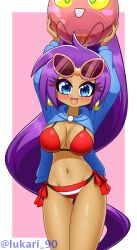 1girl arms_up artist_name bikini black_bikini blue_eyes blue_jacket blush border breasts dark-skinned_female dark_skin dot_nose eyebrows eyelashes feet_out_of_frame female_focus hood hood_down hooded_jacket jacket large_breasts long_hair long_sleeves looking_at_viewer lukari multicolored_bikini navel open_clothes open_jacket open_mouth pink-framed_eyewear pink_background ponytail purple_hair red_bikini shantae shantae_(series) side-tie_bikini_bottom simple_background solo standing sunglasses_on_head swimsuit thigh_gap thighs very_long_hair white_bikini white_border wide_hips