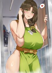 1girl absurdres adjusting_hair apron bare_shoulders belt_bow blush braid breasts brown_hair collarbone commentary curtained_hair doorway fingernails green_apron green_eyes heart highres huge_breasts indie_virtual_youtuber indoors laundry_basket light_smile lips long_hair looking_at_viewer mature_female mchiefy mole mole_under_mouth naked_apron pov_doorway single_braid sliding_doors solo steam thick_thighs thighs tsukushibara_sumine virtual_youtuber