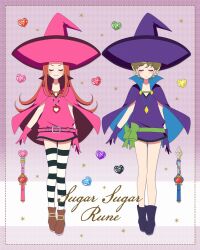 2girls blonde_hair boots brown_shoes cape chocolat_meilleure closed_eyes closed_mouth commentary_request copyright_name dress full_body gloves hat heart heart_pendant highres magical_girl multiple_girls orange_hair pink_cape pink_dress pink_gloves pink_hat planet_sugar purple_cape purple_dress purple_gloves purple_hat shoes smile striped_clothes striped_thighhighs sugar_sugar_rune thighhighs vanilla_mieux wand witch_hat
