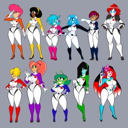 6+girls alien atomickingboo black_hair blonde_hair blue_skin breasts colored_skin green_skin gun highres large_breasts monster_girl multicolored_hair multiple_girls red_hair robot short_hair skin_tight slime_girl weapon