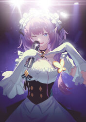 Rule 34 | 1girl, absurdres, alternate costume, black dress, blue eyes, breasts, chujiuo, commentary, cowboy shot, criss-cross halter, dress, elysia (honkai impact), elysia (miss pink) (honkai impact), elysia (miss pink elf) (honkai impact), enmaided, gloves, halterneck, highres, holding, holding microphone, honkai (series), honkai impact 3rd, long hair, looking at viewer, maid, maid headdress, medium breasts, microphone, official alternate costume, one eye closed, pink hair, pink pupils, pointy ears, sidelocks, smile, solo, symbol-only commentary, white gloves