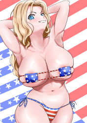 Rule 34 | 1girl, american flag, american flag background, american flag bikini, american flag print, armpits, arms up, bikini, blonde hair, blue eyes, blush, breasts, cleavage, flag print, flag print bikini, girls und panzer, kay (girls und panzer), large breasts, looking at viewer, navel, print bikini, smile, solo, swimsuit, yahow