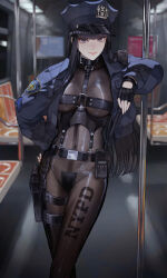 1girl black_gloves black_hair breasts commentary_request fingerless_gloves gloves hat highres holster kaoming long_hair original police police_hat police_uniform policewoman see-through_clothes solo subway thigh_holster walkie-talkie