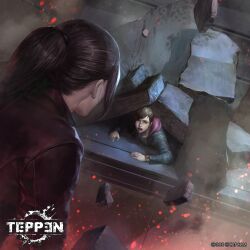 2girls bracelet brown_hair buried capcom claire_redfield denim denim_jacket highres hood hood_down hoodie jacket jewelry moira_burton multiple_girls official_art peperon_(peperou) ponytail red_jacket resident_evil resident_evil:_revelations_2 rubble short_hair teppen