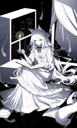 1girl animal_ears blue_eyes blue_nails cat_ears dress heterochromia highres holding limited_palette long_hair nail_polish original sheya solo spot_color yellow_eyes