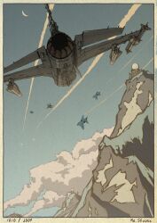 ace_combat ace_combat_04 aircraft airplane blue_sky border commentary_request contrail crescent_moon day english_text f-16_fighting_falcon f-4_phantom_ii fighter_jet fine_art_parody flying highres military military_vehicle mobius_1 moon mountain nihonga no_humans outdoors parody sky ukiyo-e vehicle_focus yuukou